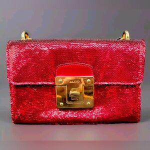 ALDO Womens Red Mini Sequin Crossbody Bag Sz M Pre-owned Sparkly buckle purse